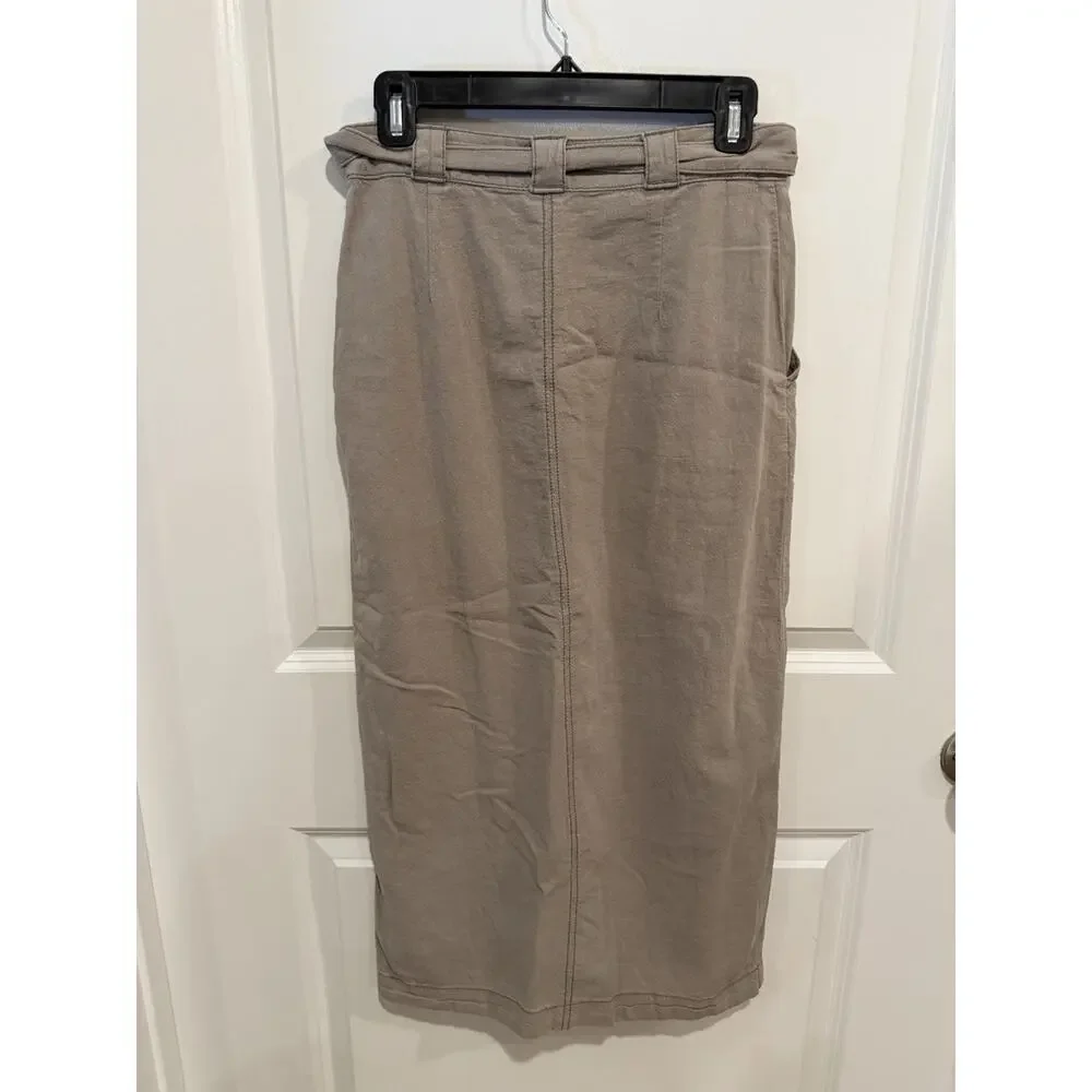 Free People Womens Sz 2 Linen Cotton Midi Skirt Mushroom Belted Front Slit Boho